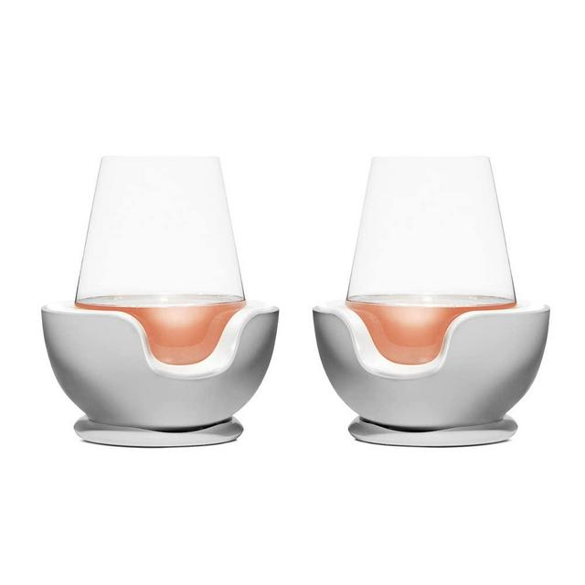 VoChill Stemless Wine Glass Chiller | Keep the Chill In Your Glass | New Wine Accessory | Separable & Refreezable Chill Cradle | Actively Chills Stemless Glassware | Stone, Pair Stemless
