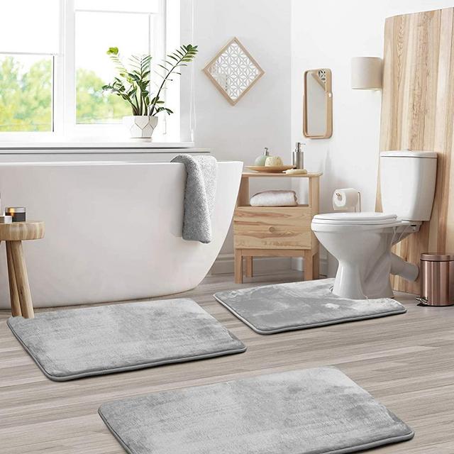Clara Clark 3-Pack Bath Mat Set – Large, Small and Contour Bathroom Rug Set, Absorbent Memory Foam Bath Rugs, Non-Slip, Thick, Velvet Microfiber Bathrug, Plush Shower, Toilet Bathmats Carpet, Silver