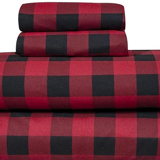 Bliss Casa 4 Piece 100% Cotton Flannel Sheet Set Queen - High GSM Deep Pockets, Warm Breathable Flannel Sheet Set. Flannel Bed Set Include Flat Sheet, Fitted Sheet & Pillowcases (Buffalo Check)