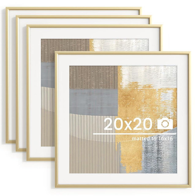 20x20 inch Metal Picture Frame - Thin Aluminum Square Photo Frames with 16x16 Removable Mat - High Definition Plexiglass - Vertical and Horizontal Display - Wall Hook Hanging Hardware Included - Gold, Set of 4