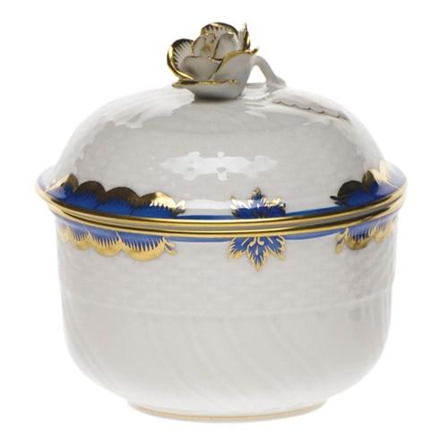 Herend Princess Victoria Blue Covered Sugar Bowl with Rose Finial