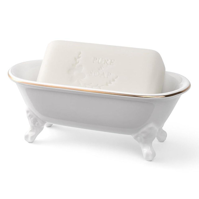 NEWHENGS 6.5" Ceramic Mini Decorative Clawfoot Bathtub Bar Soap Dish, Kitchen Sponge Holder and Shower Tray for Bathroom, 1 Pack (White Gold Rim)