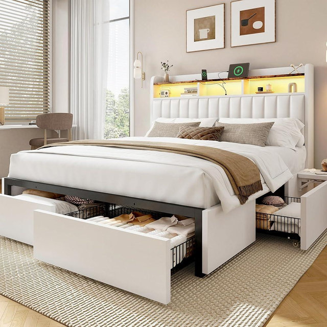 BRELTAM King Bed Frame with Headboard,4 Storage Drawers,and Built-in Adjustable Desk,Charging Station,Easy Assembly,No Box Spring Needed,White