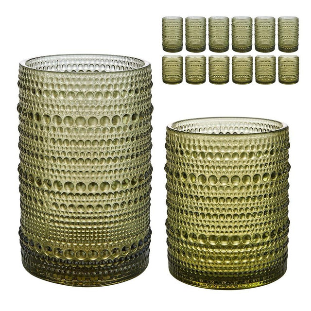 HomeVogue Vintage Hobnail Drinking Glasses Set of 12, 15 oz Highball Glasses & 12 oz Cocktail Glasses Set, Green Kitchen Water Glasses Cup, Bar Tumbler Glassware Set for Beer, Juice, Whiskey, Milk