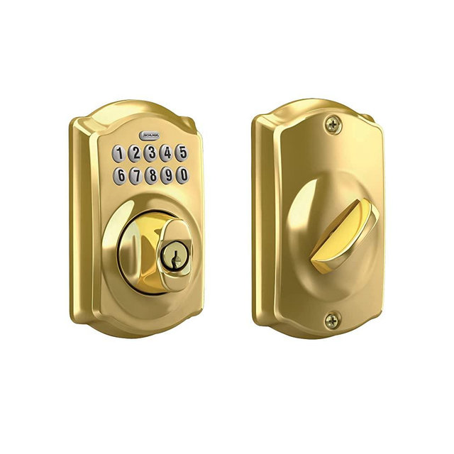 Schlage BE365 CAM 505 Camelot Keypad Deadbolt, Electronic Keyless Entry Lock, Bright Brass