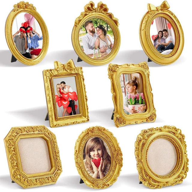 Qunclay 8 Pcs Vintage Picture Frames Set Gold Tiny Picture Frames Wallet Size Baroque Antique Resin Photo Decor for Valentines Day Wedding Party Tabletop Home Decor(Mixed Style 1)