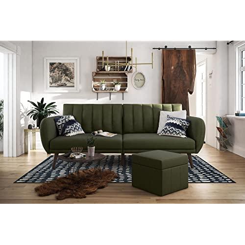 Novogratz Brittany Sofa Futon, Premium Linen Upholstery and Wooden Legs, Green Linen
