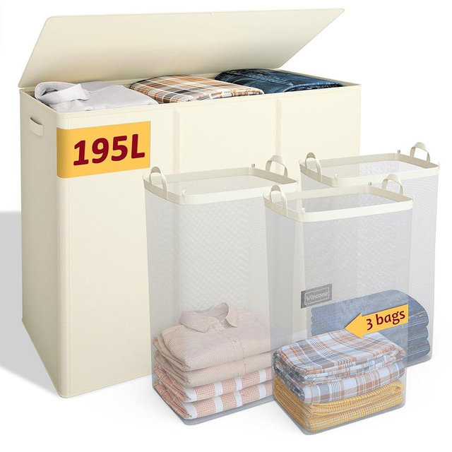 195L Laundry Hamper 3 Section,Large Laundry Hamper with Lid,Dirty Clothes Hamper with 3 Inner Bags,Collapsible Laundry Basket Organizer for Laundry Room,Bedroom,Laundry Sorter Hamper 3 Compartment