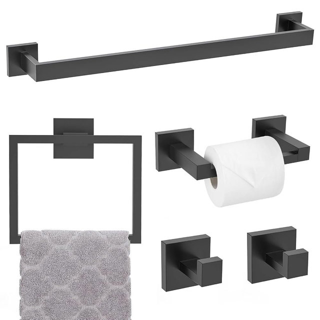 TNOMS Matte Black Towel Bar Set 5-Piece Bathroom Hardware Accessories Set,23.6 Inch Modern Towel Holder Set SUS304 Stainless Steel Towel Rack Set for Bathroom,Wall-Mounted