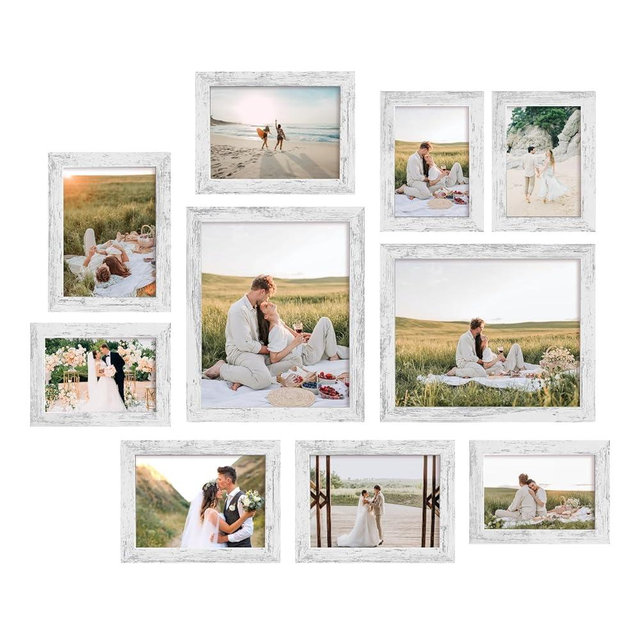 iRahmen Collage Picture Frames Set of 10, Wall Decor for Mounting or Tabletop Display, Family Photo Gallery Frame Set - Multi Sizes Including Two 8x10, Four 5x7, Four 4x6, HD Glass, Rustic Wood
