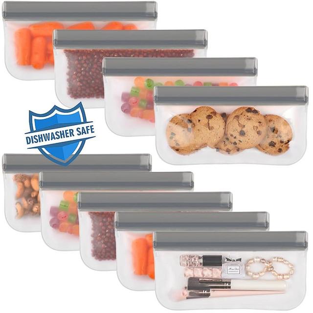 Reusable Snack Bags Dishwasher Safe,9 Pack Reusable Snack Bags Extra Thick Leak-proof Reusable Bags Silicone for Candy, Snack, Sandwich, Cereal, Travel Items, Home Organization(Grey)