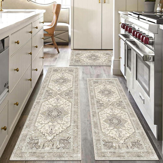 Yamaziot Boho Washable Kitchen Rugs Sets of 3, Non Slip Kitchen Mats for Floor with Rubber Backing, Waterproof & Stain Resistant Carpet Runner Throw Rug for Kitchen, Laundry Room, Hallway, Beige Brown