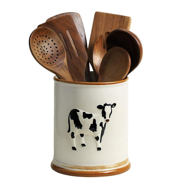 SOCOSY Ceramic Retro Cow Embossed Kitchen Utensil Holder For Countertop Large Cooking Utensil Crock Holder Spatula Holder