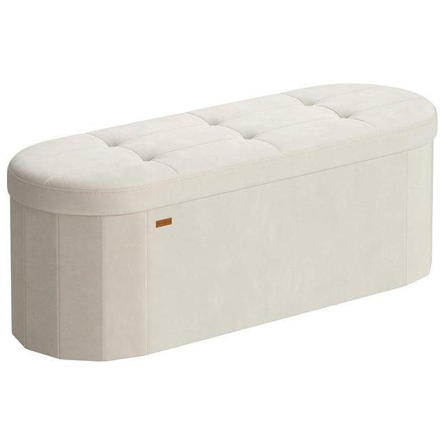 SONGMICS Mazie Collection - Folding Ottoman with Storage, Oval Storage Ottoman Bench, for Living Room, Bedroom, Velvet Fabric, 15 x 43 x 15 Inches, Cream White ULSF297LH01