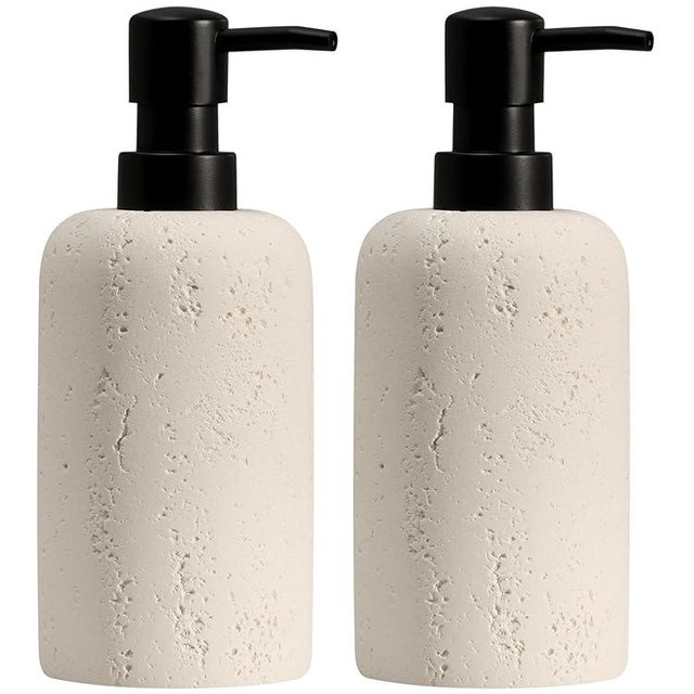 Haocoott Soap Dispensers 340mL 11 OZ, 2 PCS Luxurious Hand Dish Lotion Shampoo Soap Dispenser Jar, Travertine Soap Bottles Rustproof Pump for Kitchen Bathroom Countertop (Cream)