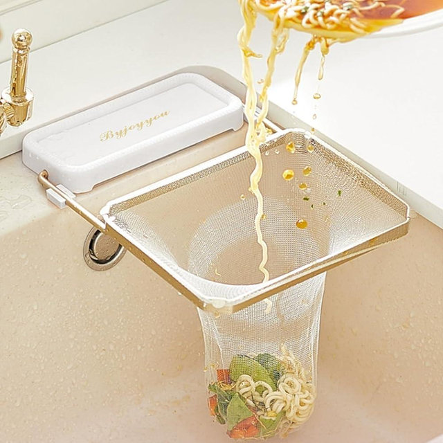 Sink Hanging Drain Basket Stainless Steel Corner Sink Strainer Basket Holder with 50 Pcs Filter Mesh Strainer Kitchen Sink Food Catcher for Kitchen Leftover