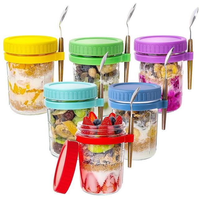 Overnight Oats Jars with Spoon and Lid (15 oz6Pack), Airtight Oatmeal Container with Measurement Marks, Mason Jars with Lid for Cereal On The Go Container (6Pack)