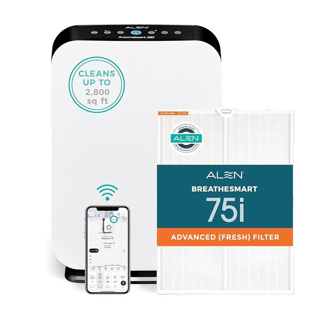 Alen Air Purifier BreatheSmart 75i HEPA with Fresh Filter + Carbon for Large Rooms up to 2800 Sq. Ft - for Living Room & Kitchen - Captures Allergens, Dust, & Mold + Household Odors & Smoke - White