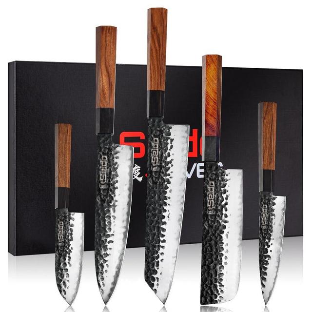 Seido Knives Hageshi AUS10 Set of 5 Knives with Carbon Magnetic Knife Covers Ergonomic Handle Made by Ebony Wood Full Tang