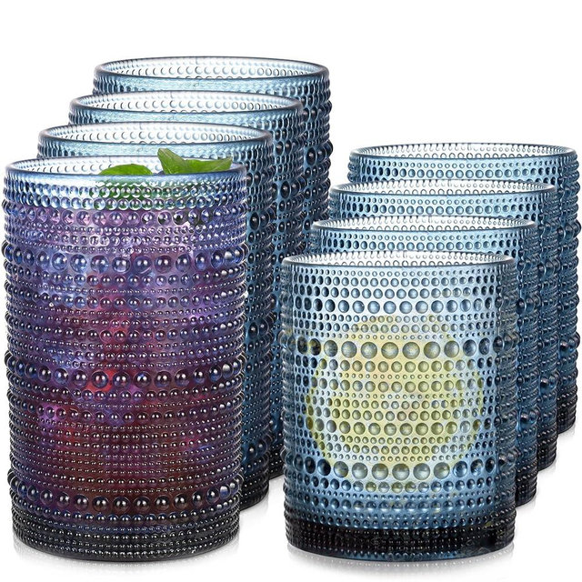 JPPSUJJ Blue Hobnail Drinking Glasses Set of 8, 15 oz Vintage Highball Glassess & 12 oz Cocktail Glasses, Drinkware Kitchen Glasses for Cocktail, Iced Coffee, Beer, Ice Tea, Wine, Whiskey, Water