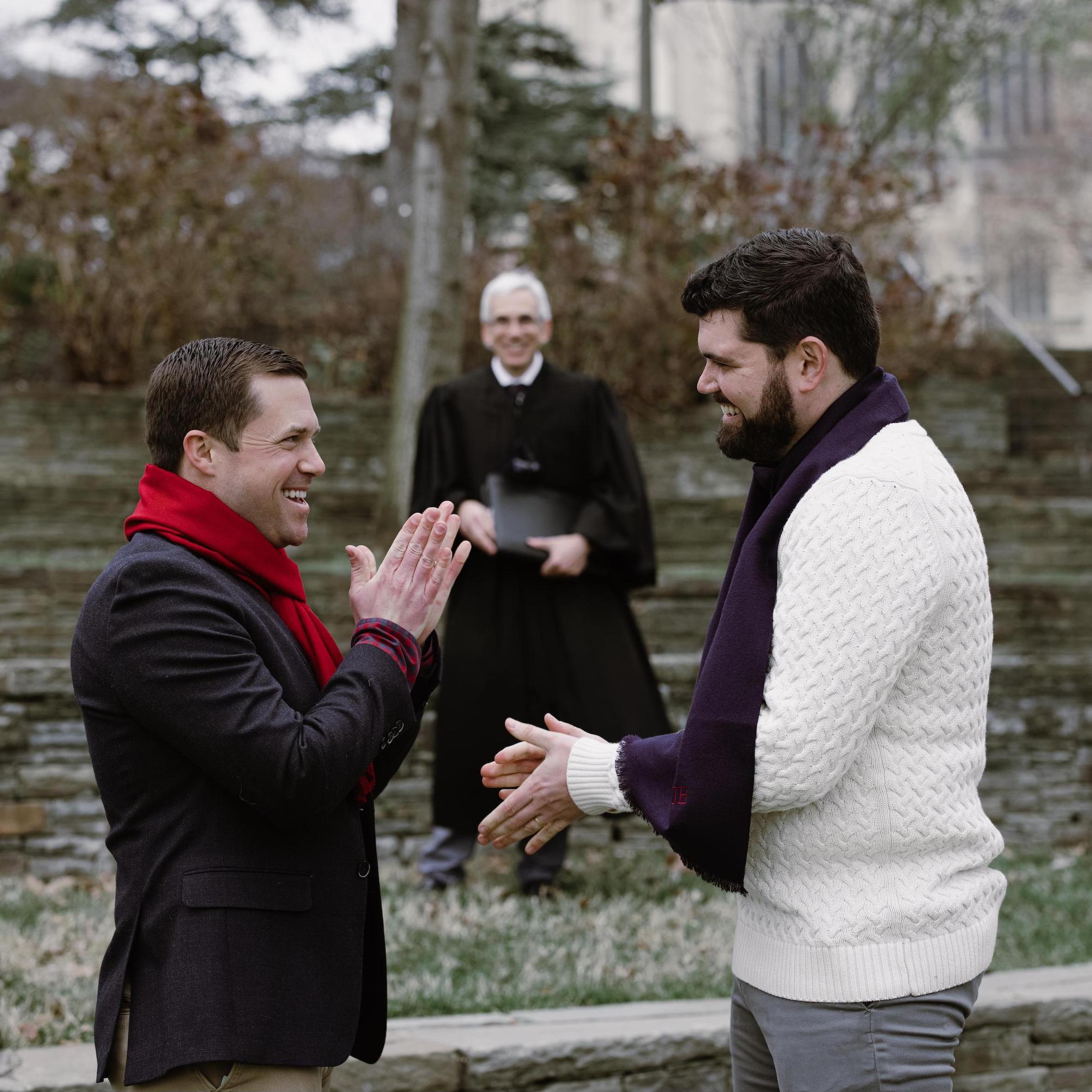 On New Year's Eve 2020 Joe and James were married by The Honorable Randolph D. Moss, for whom James clerked, in a private, COVID-safe ceremony on the grounds of the National Cathedral in Washington DC