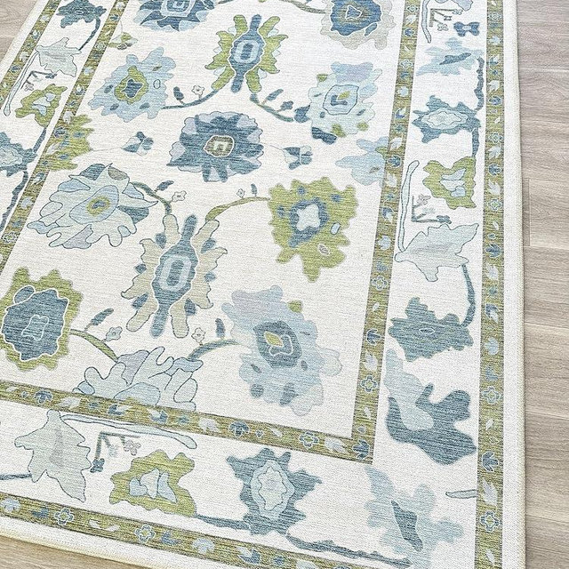 Green Oushak Rug, Modern Rugs, Vintage, Turkish, Eclectic, Floral, Pastel, Washable, Small Throw, Accent Area Rug for Living Room, Bedroom, Kitchen, Bathroom, 2'5"x4'9"