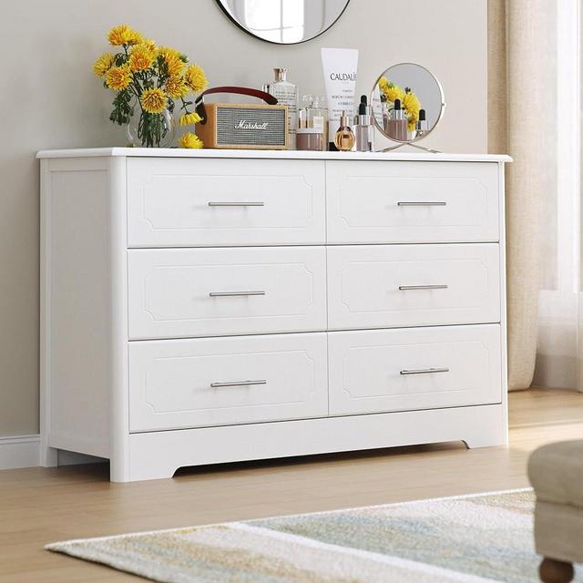 HOSATCK 6 Drawer Dresser, Modern White Double Dresser, Wide Chest of Drawers with Metal Handels, Accent Wood Storage Dresser Chest Organizers for Living Room, Hallway, Entryway (Trapezoid/White)