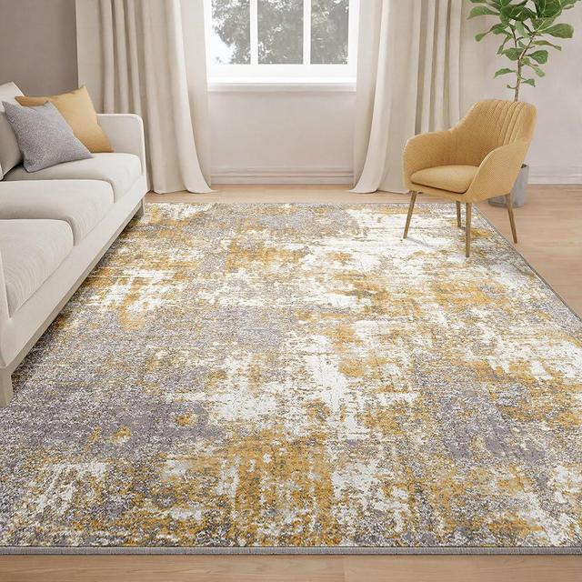 RELEANY Washable Area Rugs 8'x10' Non-Slip Modern Abstract Soft for Living Room Entryway Bedroom, Grey Honey Yellow Brown