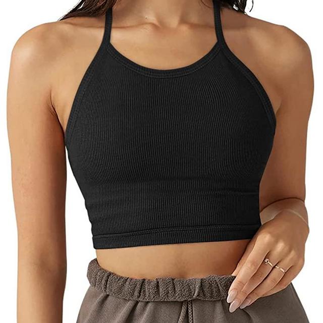 LASLULU Sports Bra for Women Crop Tops Racer Back Tank Tops Longline Workout Yoga Bra Halter Neck Cropped Casual Tops