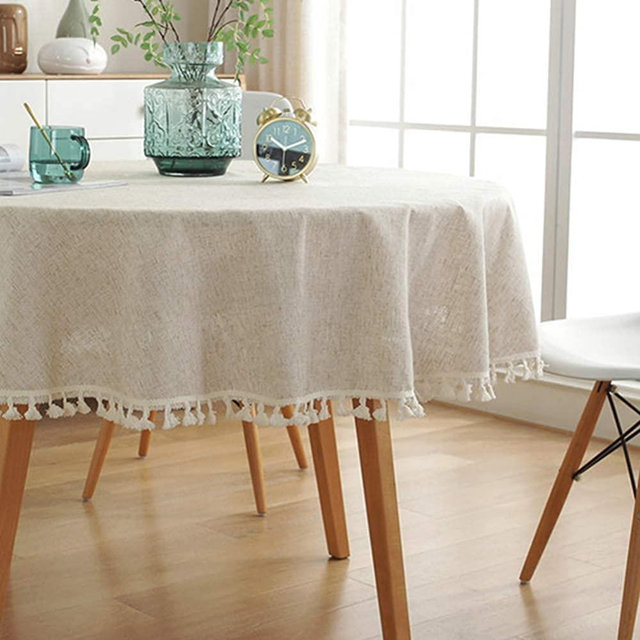 AMZALI Cotton Linen Fabric Tassel Round Tablecloth Dust-Proof Table Cover for Kitchen Dinning Tabletop Home Decoration (60 Inch, Linen)