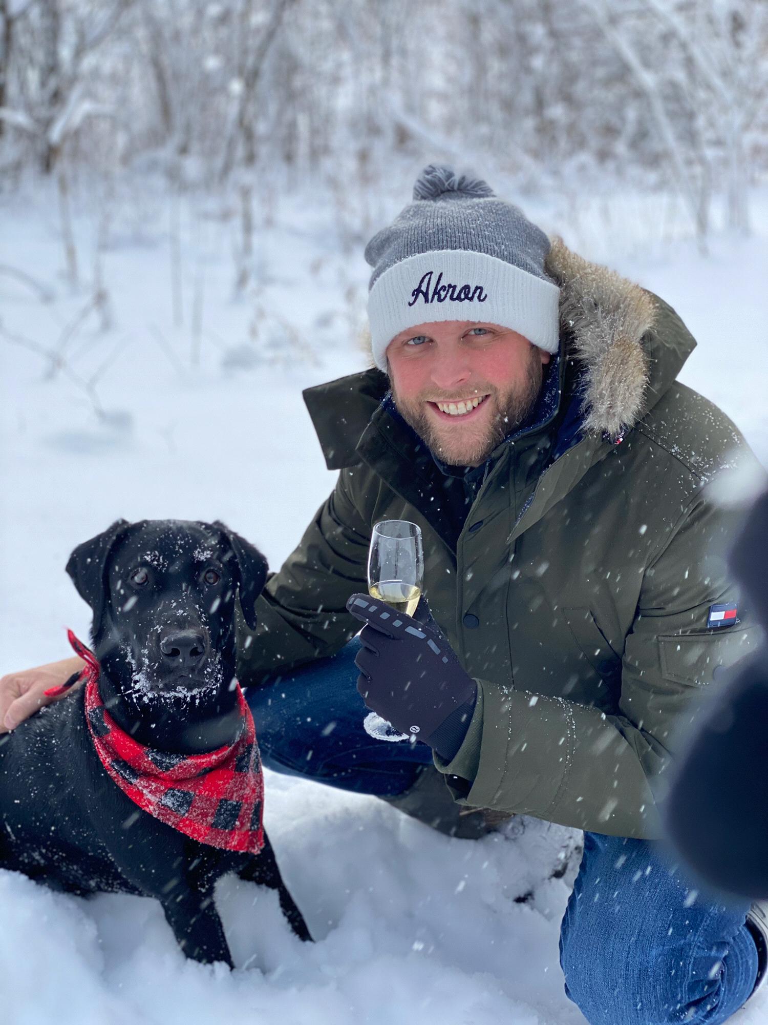 Celebrating with Oscar on a snowy Christmas morning