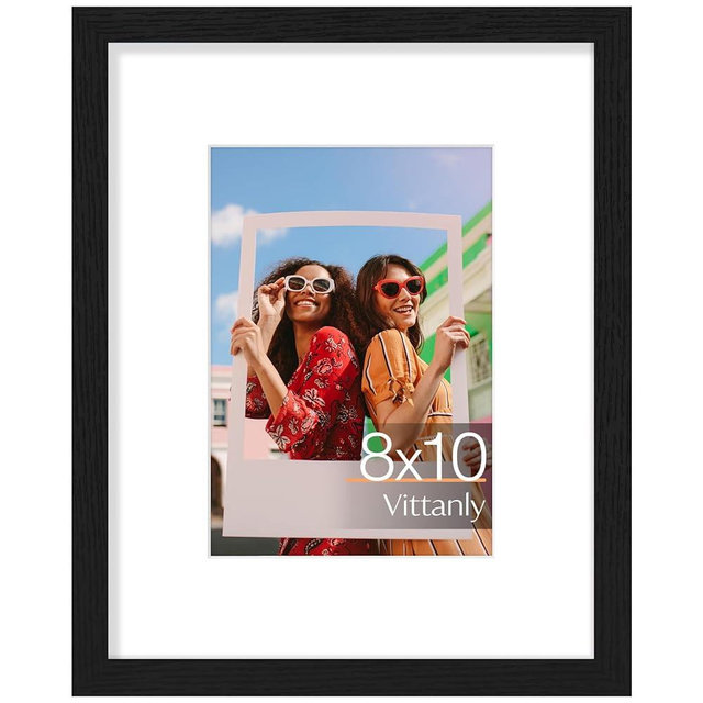 Vittanly 8x10 Picture Frame, Engineered Wood with Shatter Resistant Plexiglass, Display Pictures 5x7 with Mat or 8x10 without Mat, Photo Frame for Wall or Table Top Display, Black, 1 Pack
