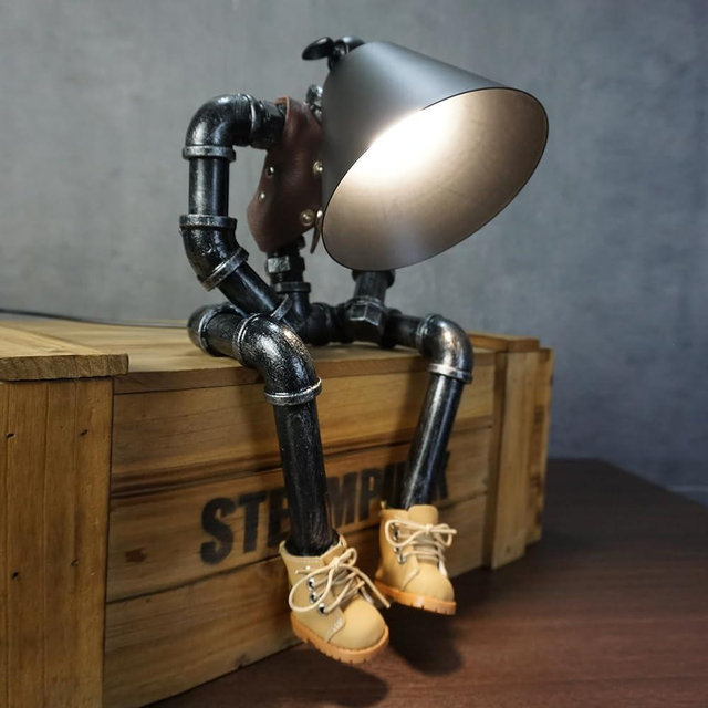 HAMOQI Steampunk Cowboy Robot Table Lamp, Boots & Vest Jacket Design with Metal Pipe Industrial Robot Lights, Adjustable Brightness Cool Desk Lamp,Unique Retro Decor & Creative Art Gifts for Men