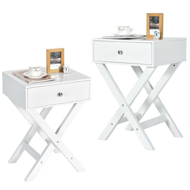 Costway Set of 2 X-Shaped Nightstand Side End Table Bedside Table w/ Drawer White