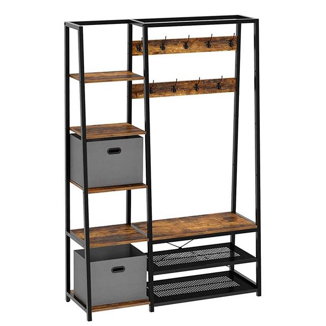 Rolanstar Hall Tree with Side Storage Shelves, Entryway Hall Tree with Shoe Bench and Coat Racks and 2 Foldable Cube Storage Bins,for Entryway, Bedroom, Sturdy and Easy Assembly