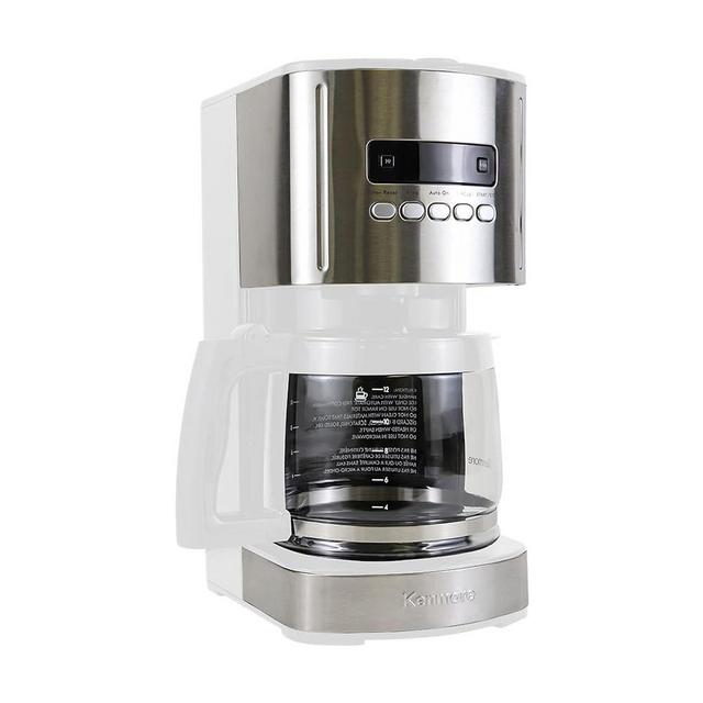 Kenmore Coffee Maker 12 cup Drip Coffee Machine Programmable Aroma Control Glass Carafe Reusable Filter Timer Digital Display Charcoal Water Filter Regular Bold Stainless Steel and White