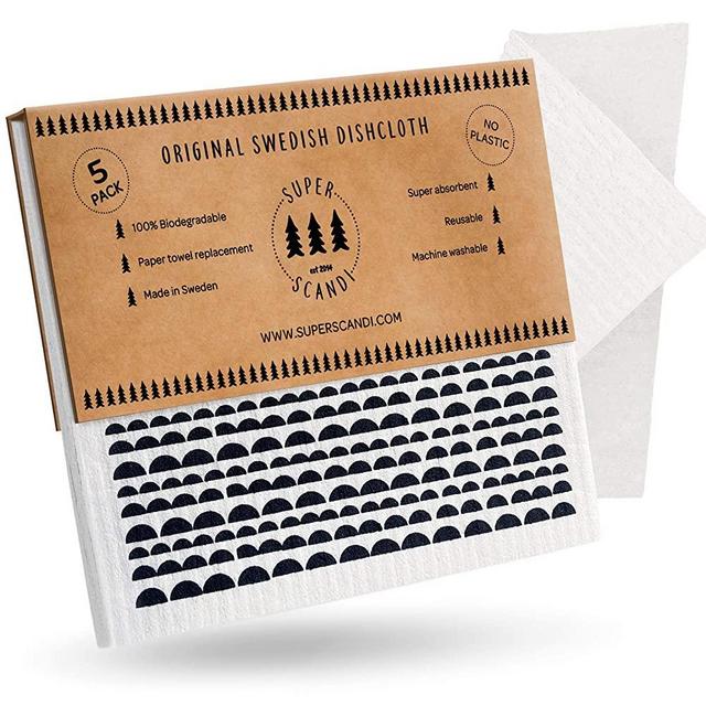 SUPERSCANDI 5 Pack (3 Printed, 2 White Cloths) Patterned Moon Black Swedish Dishcloths Reusable Biodegradable Cellulose Sponge Cleaning Cloths for Kitchen Towel Replacement Washcloths