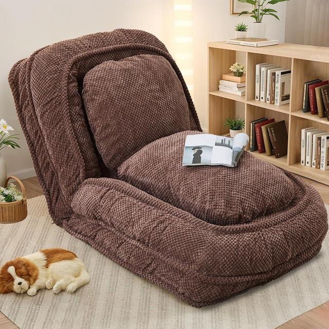 Upholstered Human Dog Bed for Adult & Pets, Convertible Lazy Sofa Bed with 5 Adjustable Position, Comfy Tatami Bean Bag Lounge Chair with 2 Soft Pillows for Bedroom Living Room Office (Brown)