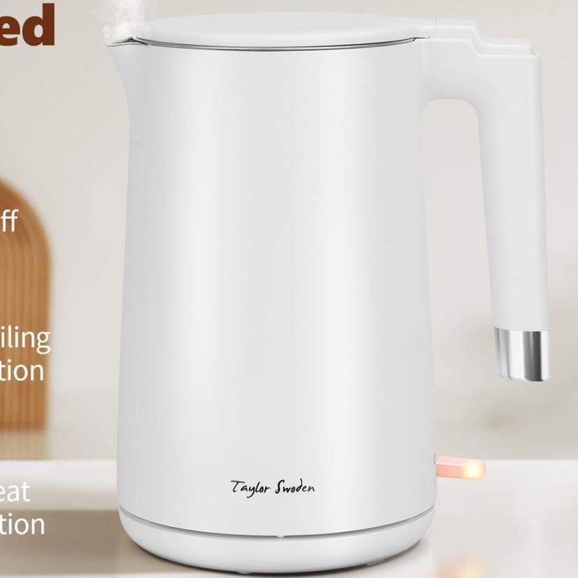 Taylor Swoden Electric Tea Kettles for Boiling Water, Double Wall Stainless Steel 1.5L Hot Water Boiler with Auto Shut-Off & Boil Dry Protection, Cordless Base & LED Indicator, 1500W, White