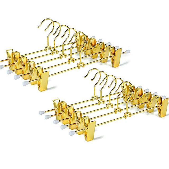 Amber Home Shiny Gold 12 Inch Metal Pants Skirts Hanger 20 Pack, Sturdy for Slacks Trousers with 2 Adjustable Non Slip Clips and Swivel Hook (20 Pack)