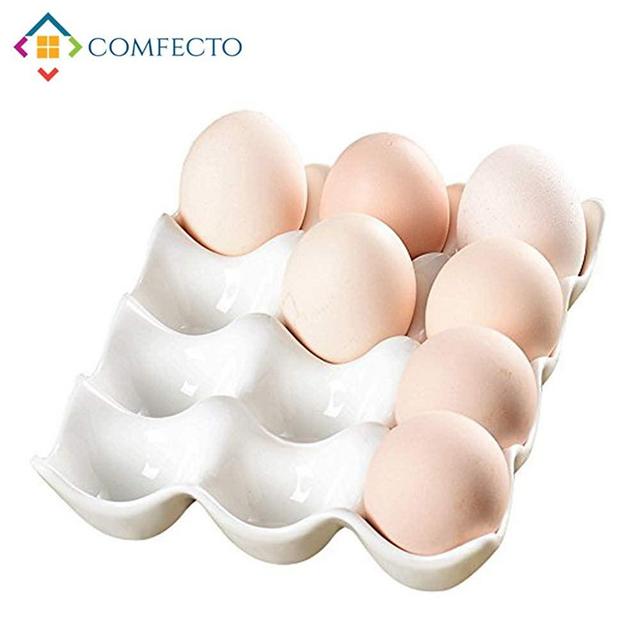 COMFECTO Egg Tray Holder, 12 Cup Large Egg Holder Kitchen Storage Fridge Organizer Decorative Crate for Jewelry Charm Beads, White Ceramic Heat Resistant in 1.77 Inch Hole Diameter