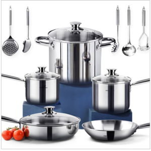 HOMI CHEF 14-Piece Nickel Free Stainless Steel Cookware Set - Nickel Free Stainless Steel Pots and Pans Set - Stainless Steel Non-Toxic Cookware Set - Stainless Steel Healthy Induction Cookware Sets