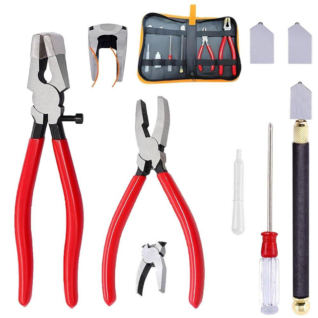 Tayfeim Glass Cutters Tools Set Glass Cutting Tool kit Glass Cutter Glass Running Pliers Breaker Grozer Pliers Stained Glass Tools with Curved Jaws Zipper Package