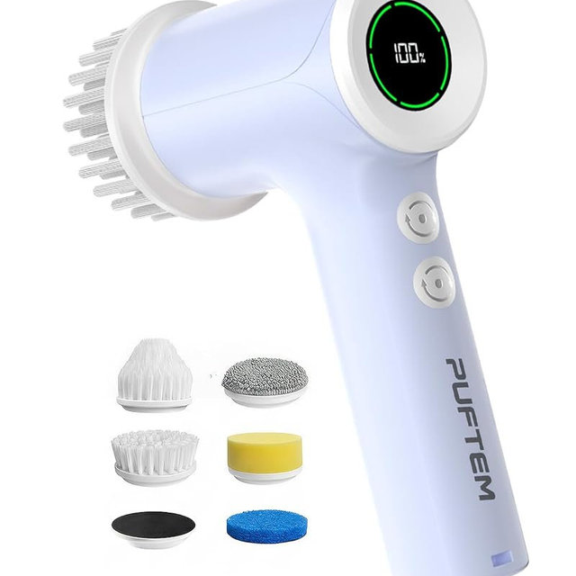 PUFTEM Shower Scrubber, Electric Spin Scrubber for Bathroom Cleaning – Cordless Shower Cleaner Brush with 6 Brush Heads, Dual-Direction Rotation, for Grout, Tile, Tub, Sink & Corners, Purple