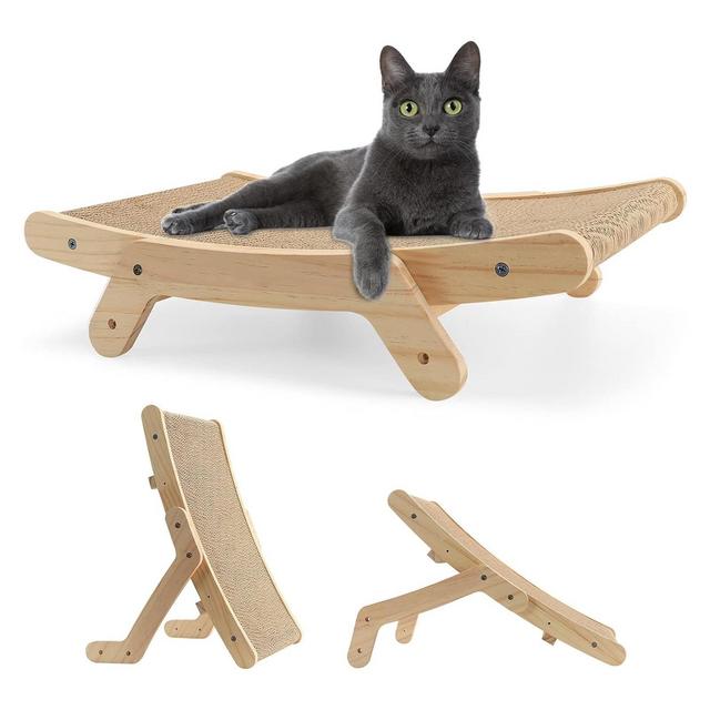 iMountek "5-in-1 Reversible Cardboard Cat Scratcher Lounge with Solid Wood Structure, Double-Sided Pads" Natural Wood