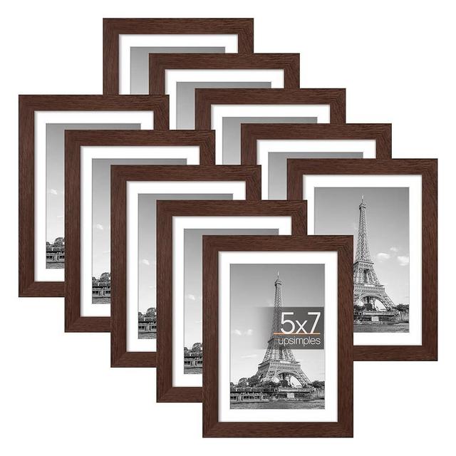 upsimples 5x7 Picture Frame Set of 10, Display Pictures 4x6 with Mat or 5x7 Without Mat, Multi Photo Frames Collage for Wall or Tabletop Display, Real Glass, Brown