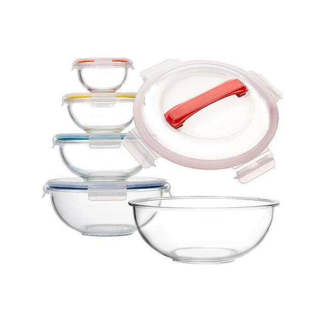 Genicook 5 Pc Container Nesting Borosilicate Glass Mixing Bowl Set with Locking Lids and Carry Handle