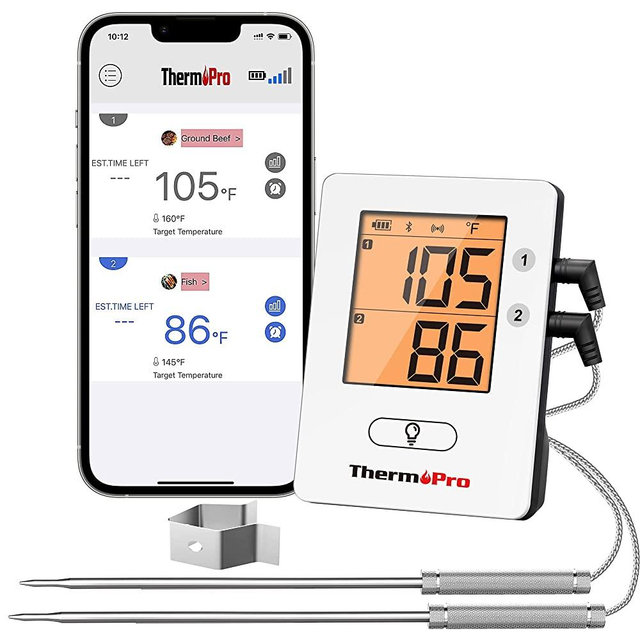 ThermoPro TP910 500FT Bluetooth Meat Thermometer for Smokers, Rechargeable Wireless Meat Thermometer for Grilling with 2 Probes, Grill BBQ Thermometer with Smart Timer, Alarm, Cook Time Estimator