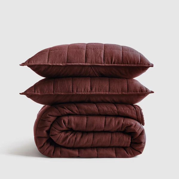 European Linen Box Quilt Set - Burgundy, King/Cal King