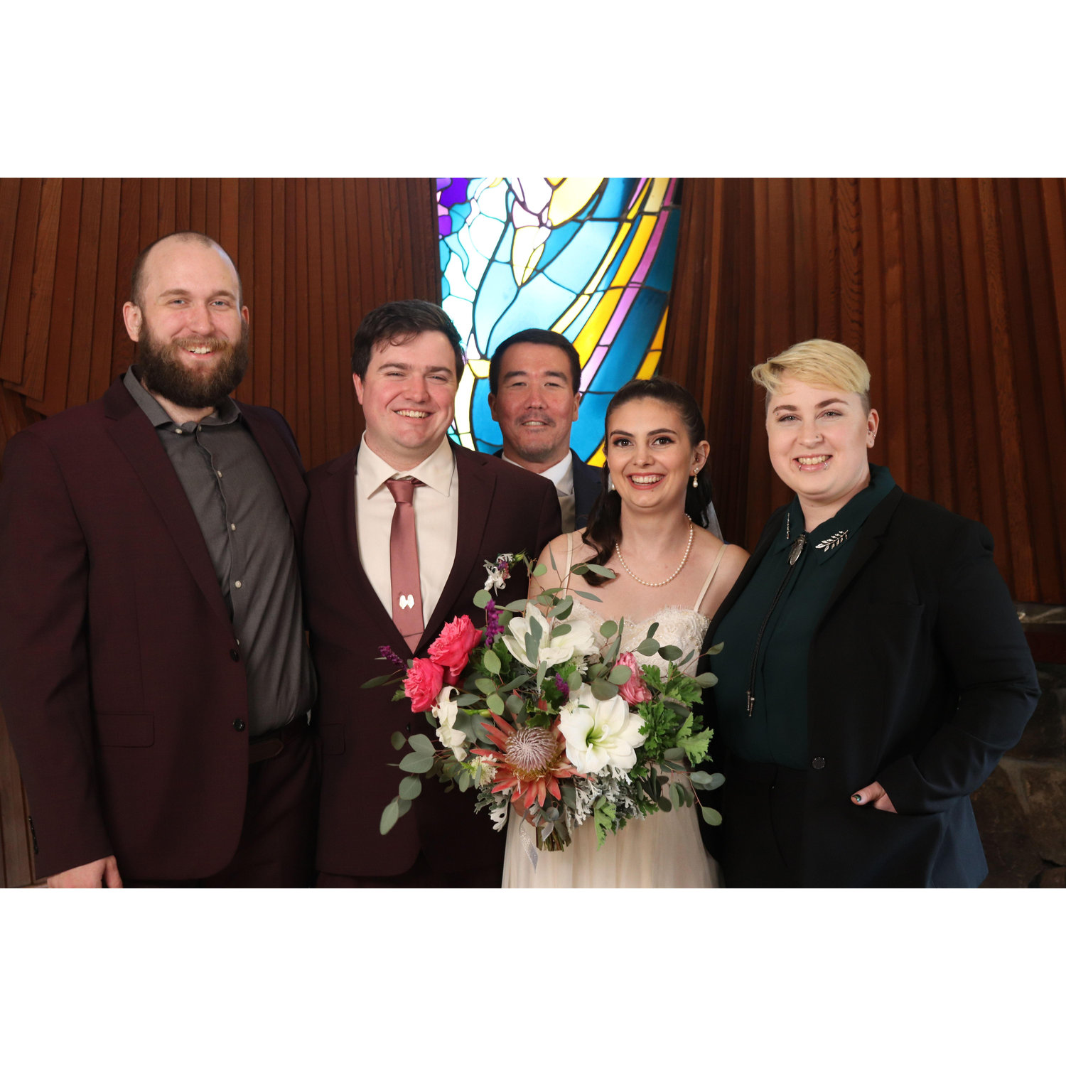 Elliot, Alex, Josh, Shannon, and Maia in the chapel.